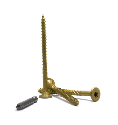 50 Pack 5/16 Inch X 4 Inch T40 Star Drive Structural Screws For Decking Framing Heavy Duty Beef No Sweat Self Drilling Installation With Grip Tight Hold And Rustproof Gold Coating placed on white background showcasing the gold finish.