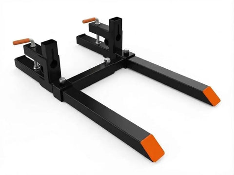 60-Inch Clamp-On Pallet Forks For Tractor Bucket, 2000 Lbs Capacity with stabilizer bar, black steel, orange tips, white background