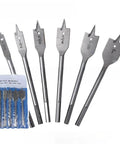 Front view: six-piece spade drill bit set with hex shanks for woodworking, sizes 3/8 in to 1 in.