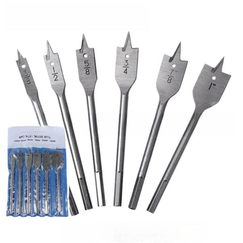 Front view: six-piece spade drill bit set with hex shanks for woodworking, sizes 3/8 in to 1 in.