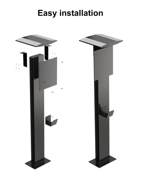 All Weather Rated Outdoor Electric Charger Pedestal Stand disassembled showing easy installation process and matte black finish.