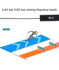 Dual Band FPC Antenna For WiFi 2.4G/5.8GHz, Flexible Antenna With IPEX Connector, showing frequency bands and racing illustration.
