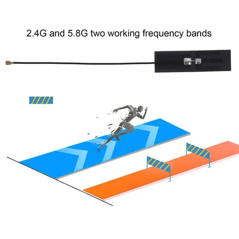 Dual Band FPC Antenna For WiFi 2.4G/5.8GHz, Flexible Antenna With IPEX Connector, showing frequency bands and racing illustration.