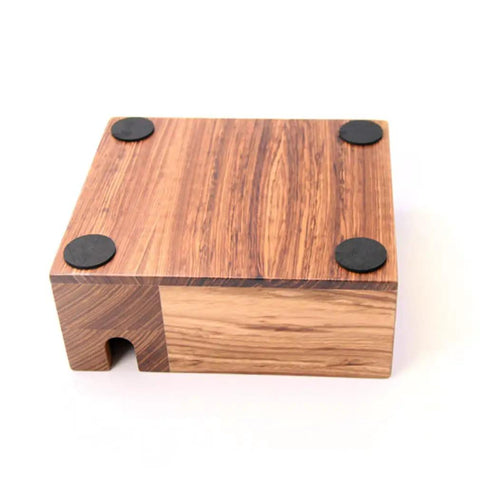 Espresso Tamping Station With Knock Box And Solid Wood Filter Holder Fits 58Mm Portafilters, top view of wooden base with non-slip pads.