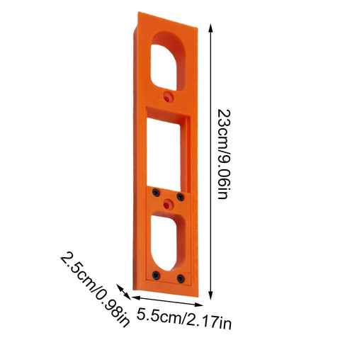 Portable Adjustable Door Hinge Jig Kit For Quick Millimeter Precision Hinge Positioning And Easy Setup, orange jig dimensions shown