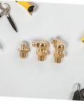 9 Piece Copper Grease Fitting Kit For Cars And Trailers, Pro Grade Nozzles And Oil Caps, Straight And Angled Nipples displayed