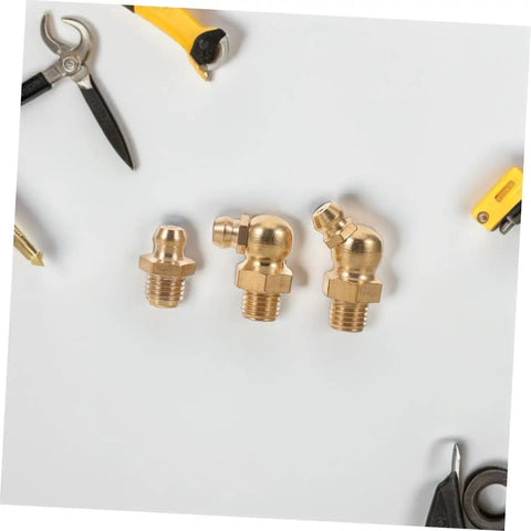 9 Piece Copper Grease Fitting Kit For Cars And Trailers, Pro Grade Nozzles And Oil Caps, Straight And Angled Nipples displayed