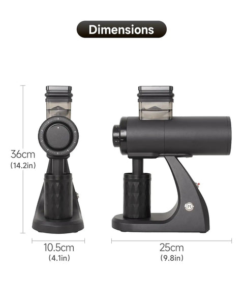 Heavy Duty Electric Coffee Grinder Loaded With Sixty Millimeter Blind Flat Burr And Forty Eight Precision Settings For Espresso Pour Over And Drip Sips Low Retention Single Dose Setup dimensions showing height and width.