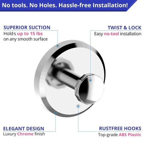 Close-up of No Drill Suction Cup Hooks 2 Pack For Shower Towels Storage On Tile Glass, showing twist-lock mechanism and chrome finish