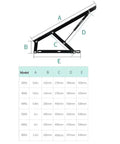 Diagram of heavy pneumatic bed lift mechanism with spring strut hinge showing dimensions and weight support for sofa storage