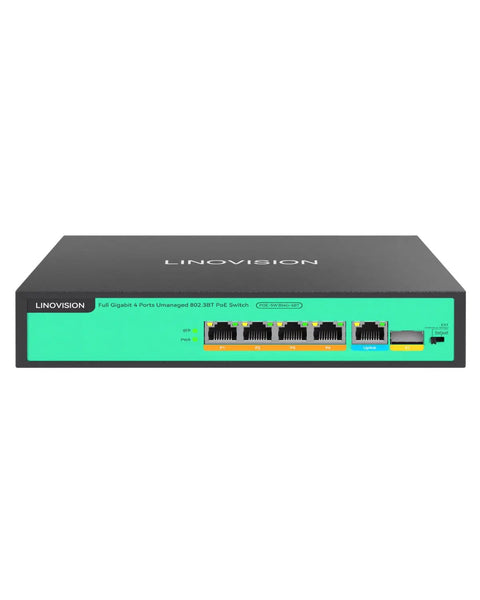 Front view of 4 Port PoE Plus Plus Switch With BT 90W Per Port 96W Total Budget Full Gigabit Ethernet Power Up device