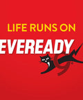 Life Runs On Eveready logo featuring a black cat silhouette, vibrant red background, highlighting battery brand identity.