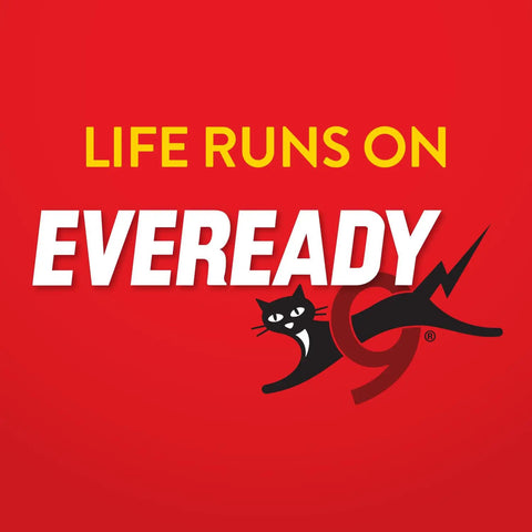 Life Runs On Eveready logo featuring a black cat silhouette, vibrant red background, highlighting battery brand identity.