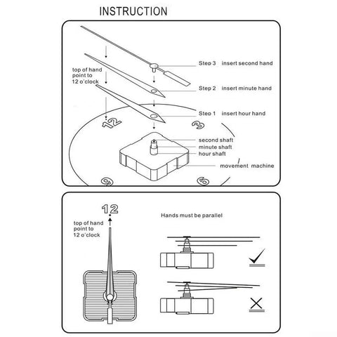 Instruction guide for DIY Quartz Clock Movement With Illuminated Hands For Wall Clock Restoration And Repair, showing hand assembly steps.