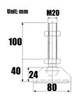 Top Notch Built Different Adjustable Furniture Leveling Feet With Bully Proof Nylon Cup Base Universal Threaded Rods For Cabinets Dryers Tables Self Leveling Mount Six Piece Set diagram with dimensions labeled in mm.