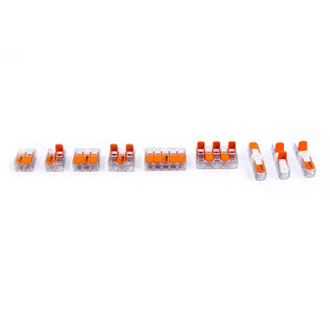 DIY Ready Wire Connectors Set In Sturdy Case With 221 Series Inline Splice 12 AWG Kit, 90-Piece connectors aligned in a row