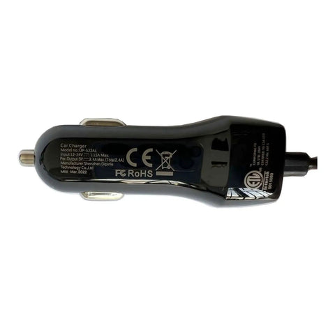 Top Notch Retractable Car Charger With Spring Loaded Micro USB Cable That Slides Out To Three Point Six Feet backside view showing input details.