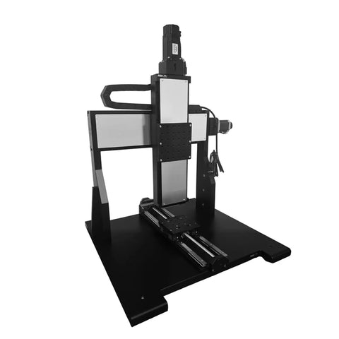 Motorized Three Axis Mobile Gantry Stage With 300mm Travel And 150X150mm Platform, black and metal construction for precision control.