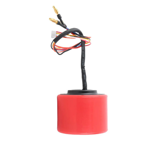 Red 70mm 150W brushless hub motor wheel with hall sensor for longboards, wiring visible, waterproof and dustproof design