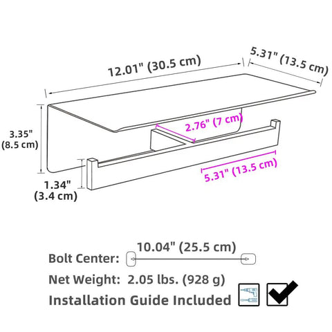 Technical drawing of the Double Toilet Paper Holder With Shelf In 304 Stainless Steel Brushed Nickel Finish, dimensions shown.