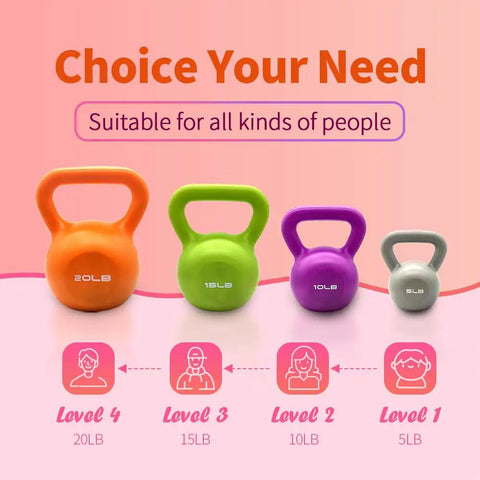 Set of colored kettlebells with 10 Lb Vinyl Coated Kettlebell With Comfortable Wide Grip Handle For Home Gym Strength Training.