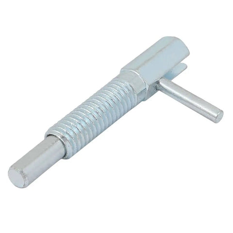 Rock Solid M6 Thread Steel Indexing Plunger With Slick Retractable Lock Out Action And Sturdy L Handle designed for heavy duty machinery setup.