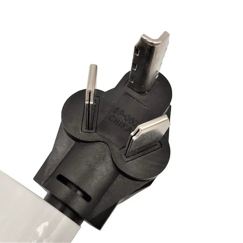 Close-up of the Dryer Adapter Cord 10-30P to Three 5-15R Outlets with Lighted Receptacles, 1 ft heavy-duty plug prongs