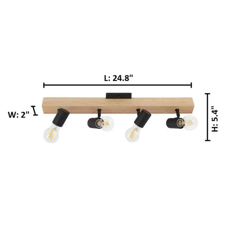 Kingswood 38 Inch Dope Modern Wood Track Light With Four LED Dimmable Heads, black base dimensions in inches