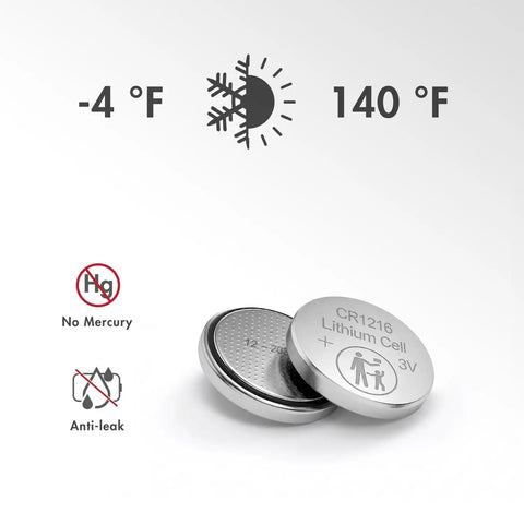 Top Shelf CR1216 3V Lithium Coin Cell Batteries Five Pack showing battery specifications and temperature range.