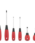Set of 6 red-handled Magnetic Screwdriver Set 6 Piece With 3 Phillips And 3 Flat Head Standard And Stubby Screwdrivers Cushioned Grip Handles Ergonomic TPR Grips Magnetic Tips The Go To DIY And Home Repair Kit
