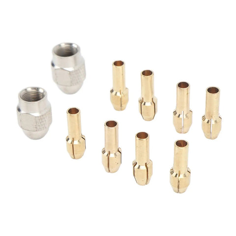 Brass Drill Chuck Collet Set Ten Piece Kit With Eight Collets From 0.8mm To 3.2mm And Two Nut Chucks Keyless Bit Adapter For Dremel