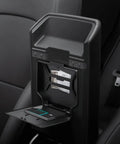 One Tap Hidden Storage Box For Tesla Model Y And Model 3 With Tap Access Premium PC Construction Juniper Finish shown open with items inside