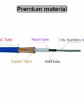 Cross-section of Mercury Outboard Remote Control Throttle And Shift Cable Kit Gen I 33C 13 Foot Stainless Steel Spiral Wire Built To Last Saltwater Ready Replacement Cable showing PVC, nylon, copper, and stainless steel materials.
