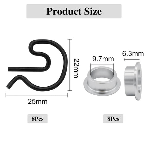 8 Piece Manual Transmission Shifter Bushing Kit With Spring Clips For Hurst Competition Plus 4 Speed MasterShift 3 Speed Shifters Fits GM Muncie Transmissions Gearhead Ready Replacement, close-up of bushing and clip with dimensions.