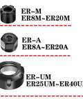 Heavy Duty Engraving CNC Lathe Milling Machine ER Series Collet Nut Tool Holder Set with three types of clamping nuts.