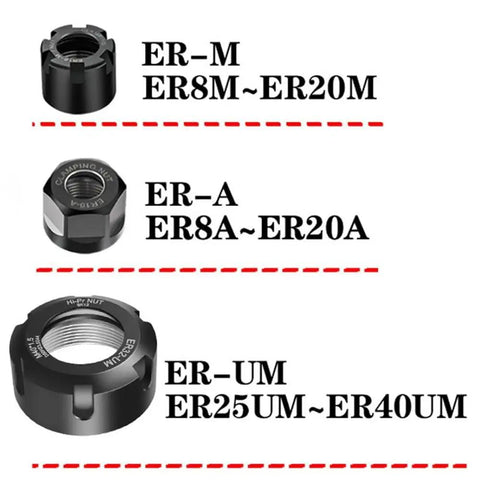 Heavy Duty Engraving CNC Lathe Milling Machine ER Series Collet Nut Tool Holder Set with three types of clamping nuts.