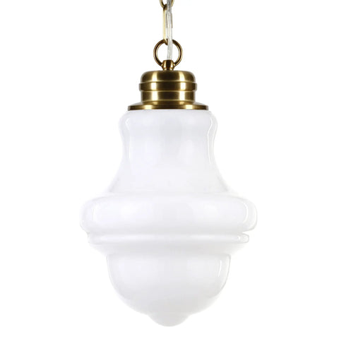 9 Inch Wide Pendant Light With Glass Shade In Brass And White Milk Glass, Compact Ceiling Fixture For Small Spaces