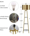 Diagram of tall floor lamp with shelves, gold shade, walnut shelves, and E26 bulb, featuring dimensions and key features.