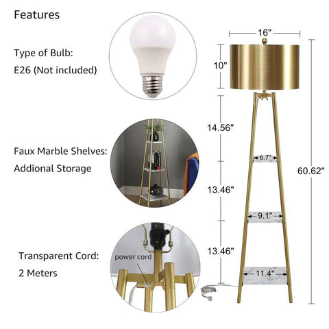 Diagram of tall floor lamp with shelves, gold shade, walnut shelves, and E26 bulb, featuring dimensions and key features.