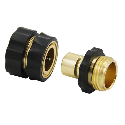 Three Quarter Inch Garden Hose Quick Connector Kit With Male And Female Ends Includes Extra Rubber Washers No Fuss Leak Proof Attachments 2 Sets For Quick Easy Hose Upgrades showing male and female ends.