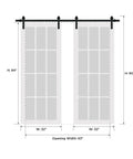Double Barn Door Set 64x84 Inches Clear Glass, White Silk Finish, showing front view with measurements, top mount 13 ft rail.
