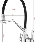 TXGJWRA Faucet 3-Way Tap with Pull-Out Spray Black Silicone Hose Chrome Finish, side view showcasing dimensions.