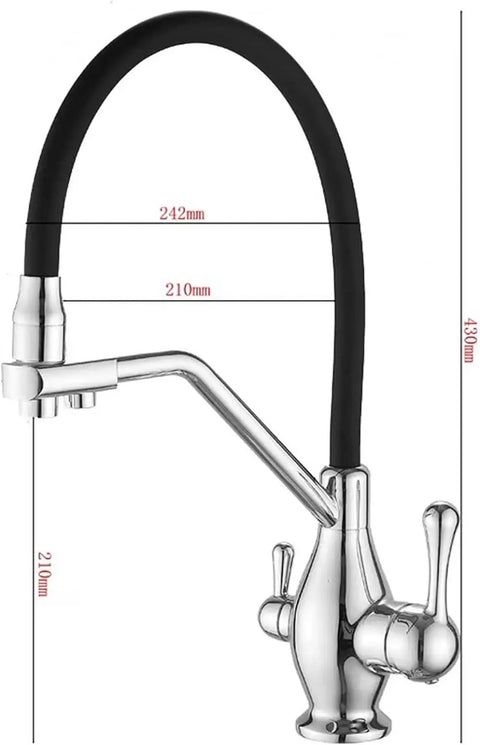 AOXHUGB Faucet 3-Way Tap with Pull-Out Spray Black Silicone Hose Chrome Finish dimensions 430mm height and 210mm width.