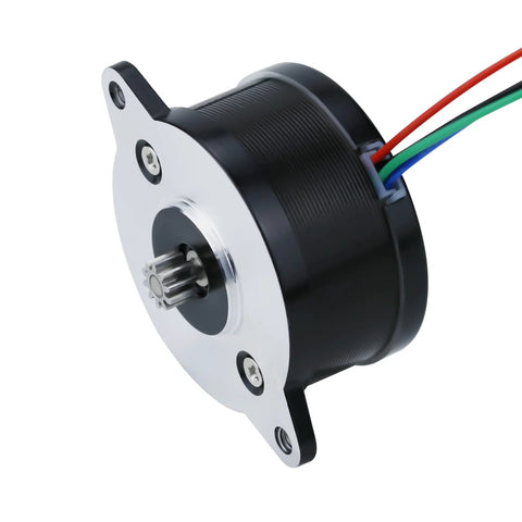 Front view of a black 36mm NEMA 14 pancake stepper motor with silver front and 10-tooth gear, four-wire harness
