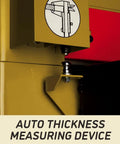 Close-up of auto thickness measuring device on Heavy Duty 37 Inch Wide Belt Sander 20 Horsepower Industrial Woodworking Station.