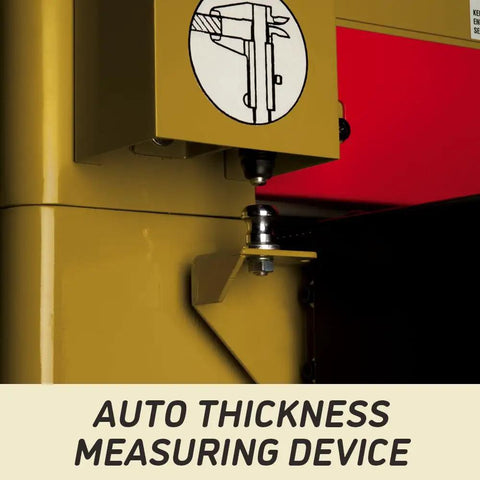 Close-up of auto thickness measuring device on Heavy Duty 37 Inch Wide Belt Sander 20 Horsepower Industrial Woodworking Station.