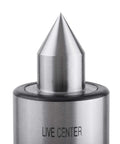 Lathe live center MT2 with steel conical tip and cylindrical body, front view