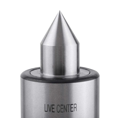 Lathe live center MT2 with steel conical tip and cylindrical body, front view