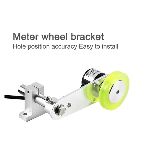 Measuring Wheel, Fixed Installation Bracket with metallic construction and green wheel, easy to install for precise measurements.