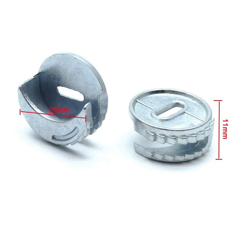 Rugged Zinc Alloy Cam Connectors Designed For Zero Hassle Woodworking Assembly In A Ten Piece Kit Sized At 25 mm for cabinet use.